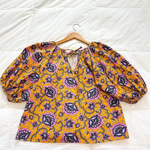 NWOT Rhode Rowan Top Blouse Gold Lotus Print Puff Sleeve 100% Cotton Size XS - Picture 8 of 8
